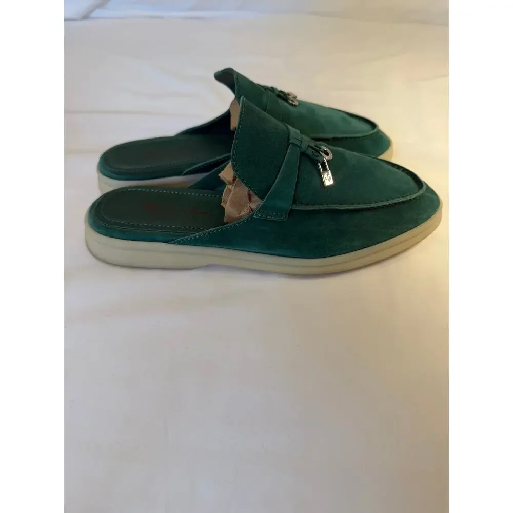 Loro Piana Summer Walk Charm Babouche Slides EU 38 Teal Suede Made in Italy
